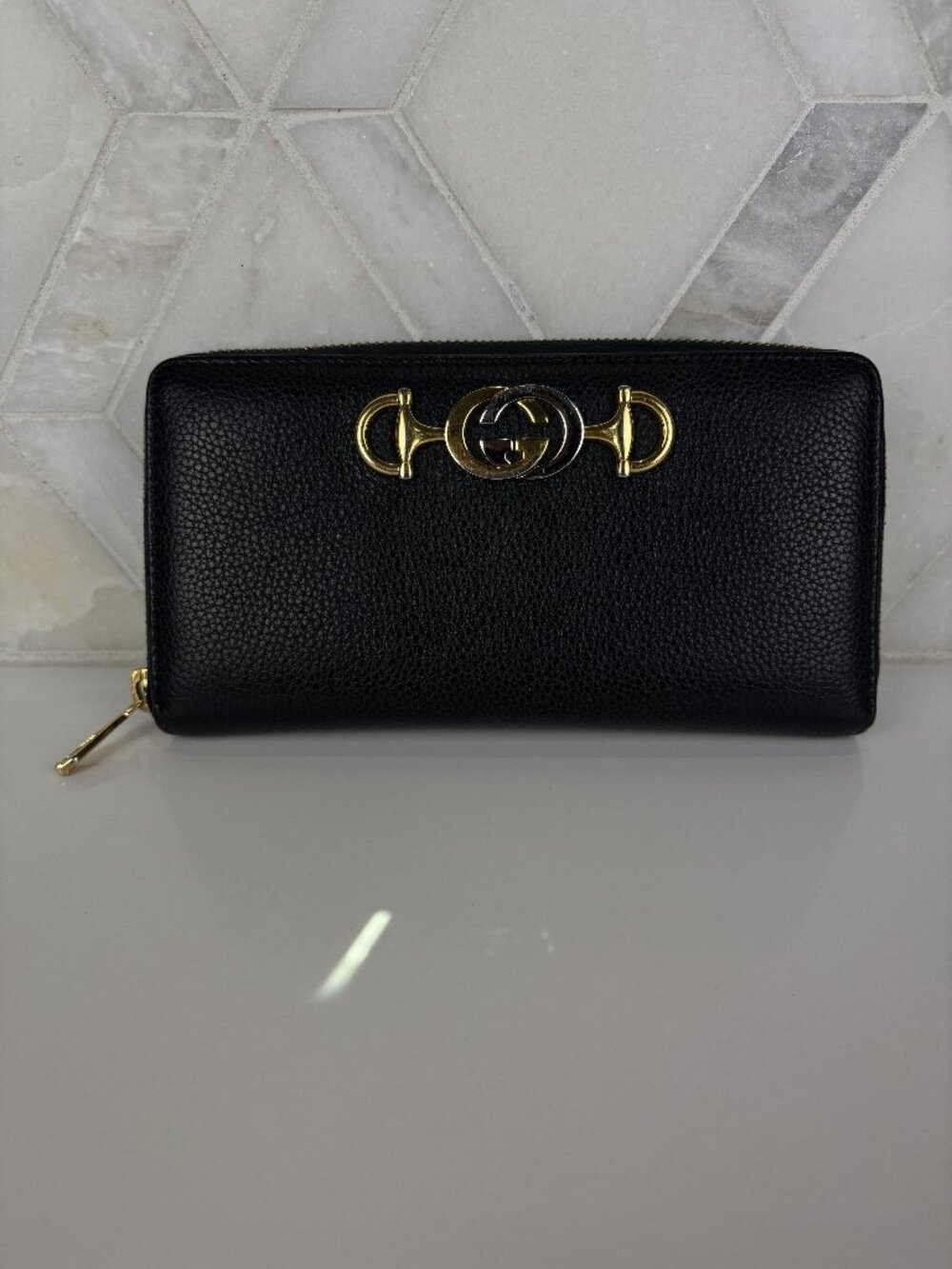Gucci Zumi Grainy Calfskin Black Gold Silver Hardware Long Zip Around Wallet